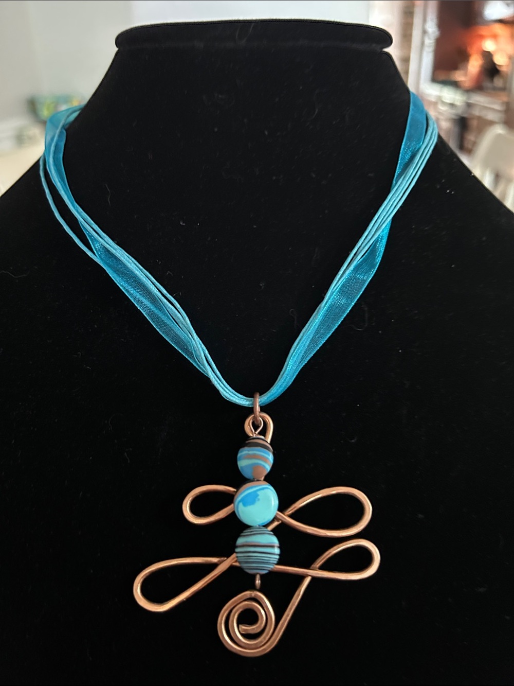 Turquoise-Style Bead & Copper Wire Pendant Necklace
